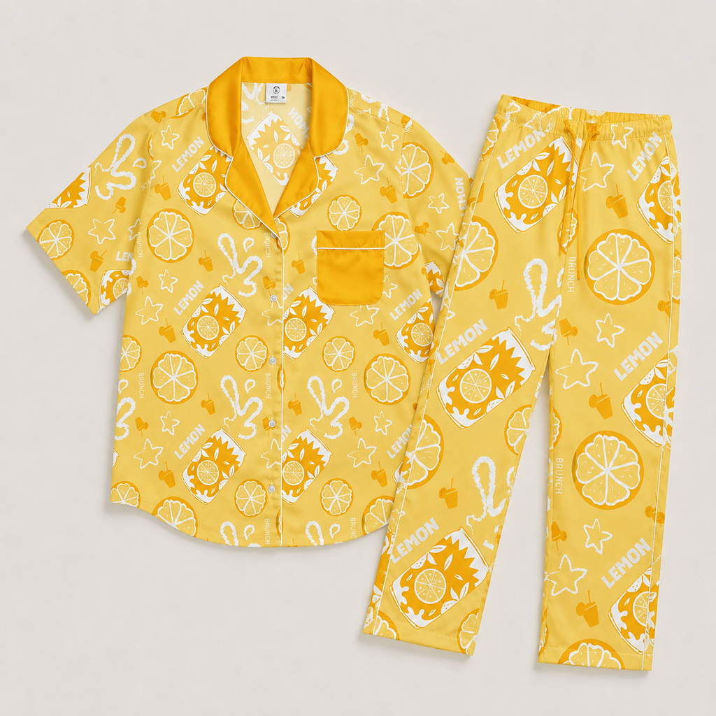 Yellow Lemon Brunch Women's Pajama Set | Button-Up Shirt & Pants | Citrus Fruit Print Loungewear | Girls Trip & Brunch Gift