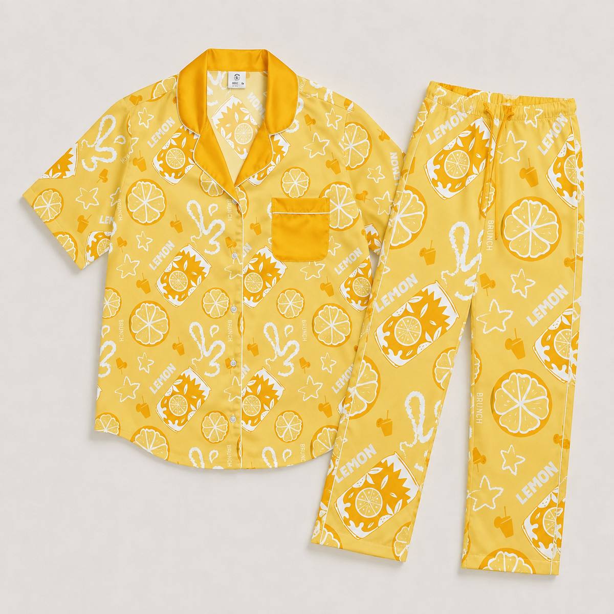 Yellow Lemon Brunch Women's Pajama Set | Button-Up Shirt & Pants | Citrus Fruit Print Loungewear | Girls Trip & Brunch Gift