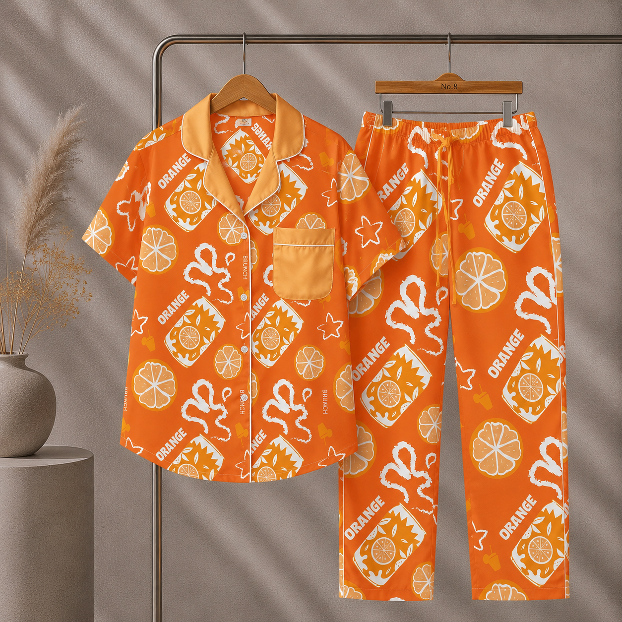 Orange Brunch Women's Pajama Set | Button-Up Shirt & Pants | Citrus Fruit Print Loungewear | Girls Trip & Brunch Gift