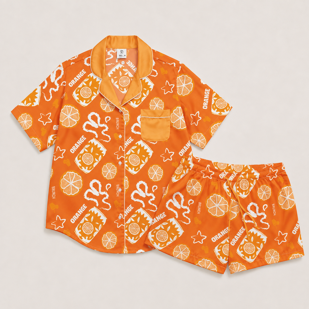 Orange Brunch Women's Pajama Set | Button-Up Shirt & Shorts | Citrus Fruit Print Loungewear | Girls Trip & Brunch Gift