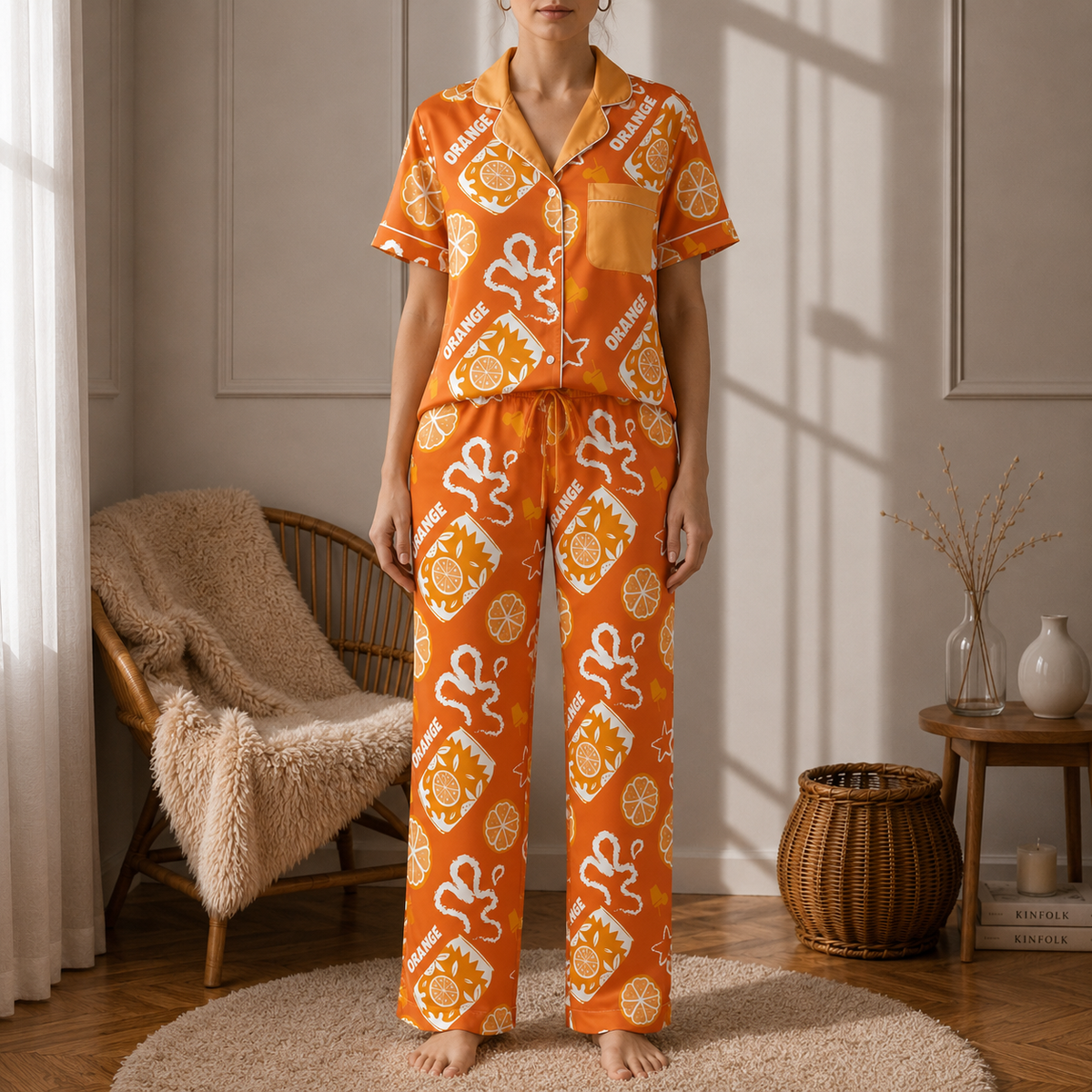 Orange Brunch Women's Pajama Set | Button-Up Shirt & Pants | Citrus Fruit Print Loungewear | Girls Trip & Brunch Gift