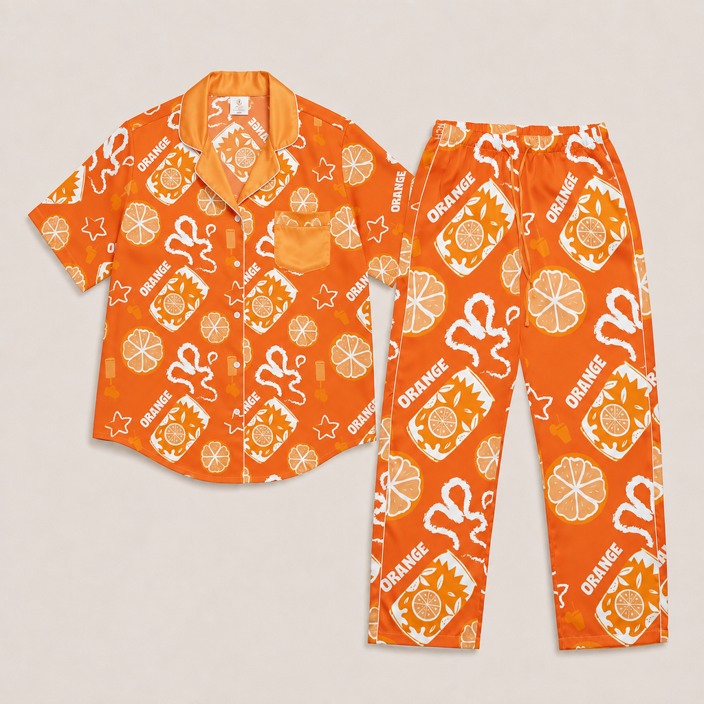 Orange Brunch Women's Pajama Set | Button-Up Shirt & Pants | Citrus Fruit Print Loungewear | Girls Trip & Brunch Gift