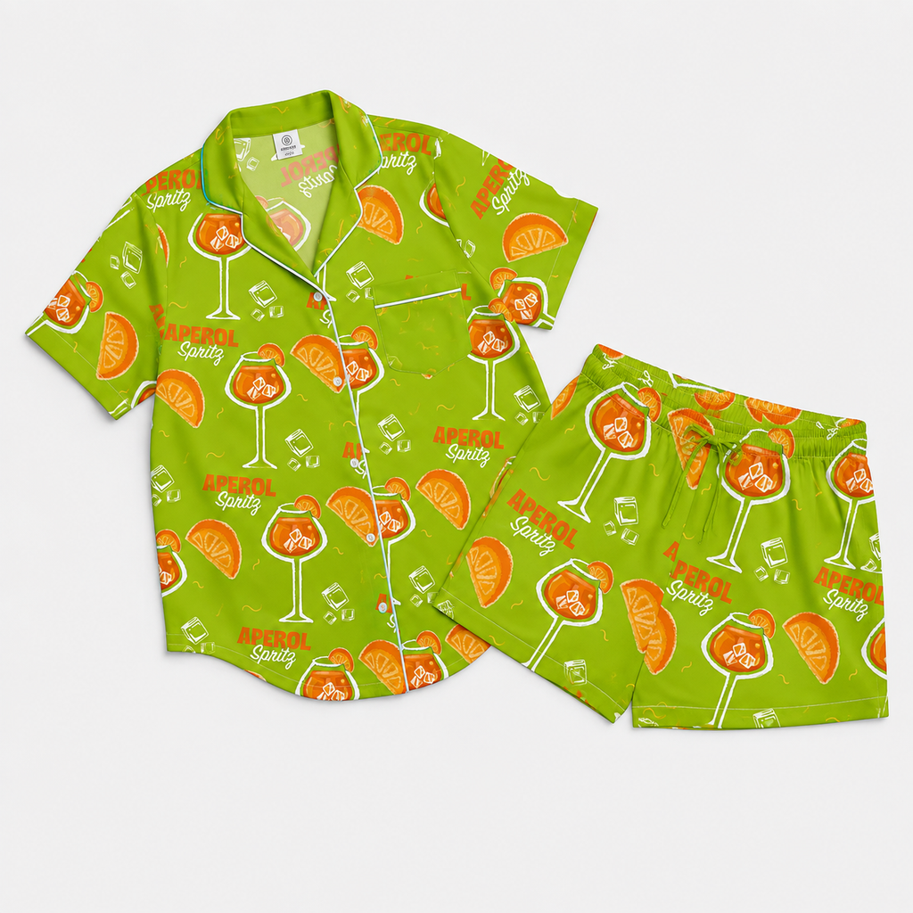 Aperol Spritz Inspired Lime Green Women's Satin Pajama Set | Button-Up Shirt & Shorts | Cocktail Print Loungewear | Brunch Gift