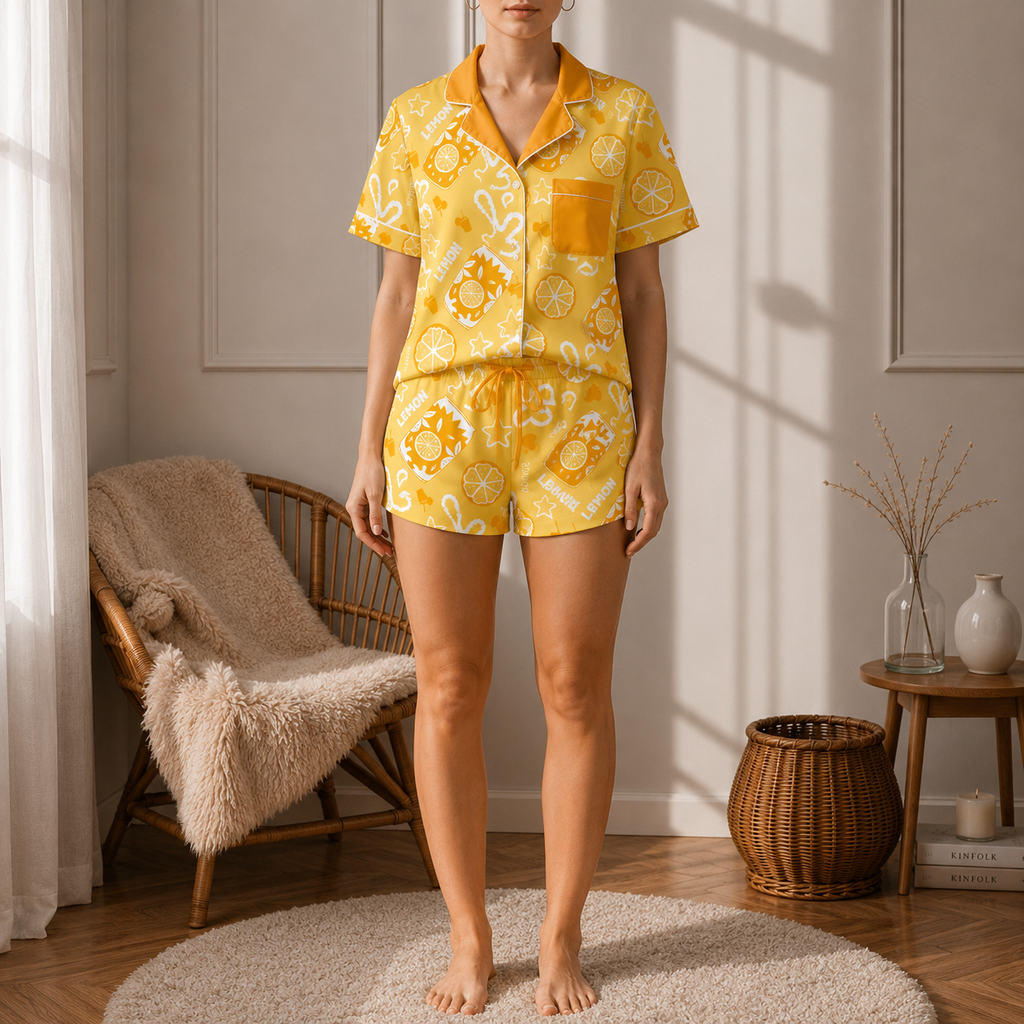 Yellow Lemon Brunch Women's Pajama Set | Button-Up Shirt & Shorts | Citrus Fruit Print Loungewear | Girls Trip & Brunch Gift