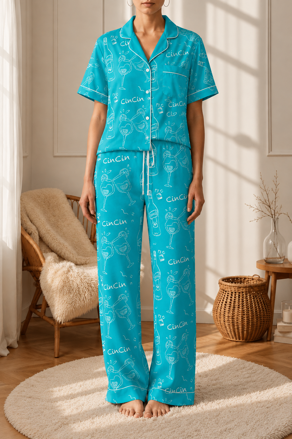 Cin Cin Turquoise Women's Pajama Set | Button-Up Shirt & Pants | Cocktail Print Loungewear | Aperitivo Pajamas | Brunch & Girls Trip Gift