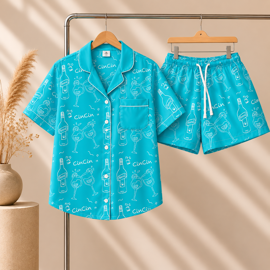 Cin Cin Turquoise Women's Pajama Set | Button-Up Shirt & Shorts | Cocktail Print Loungewear | Aperitivo Pajamas | Brunch & Girls Trip Gift