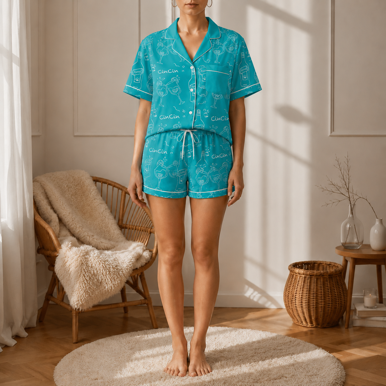 Cin Cin Turquoise Women's Pajama Set | Button-Up Shirt & Shorts | Cocktail Print Loungewear | Aperitivo Pajamas | Brunch & Girls Trip Gift