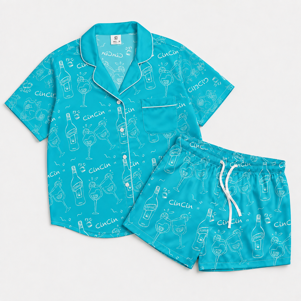 Cin Cin Turquoise Women's Pajama Set | Button-Up Shirt & Shorts | Cocktail Print Loungewear | Aperitivo Pajamas | Brunch & Girls Trip Gift