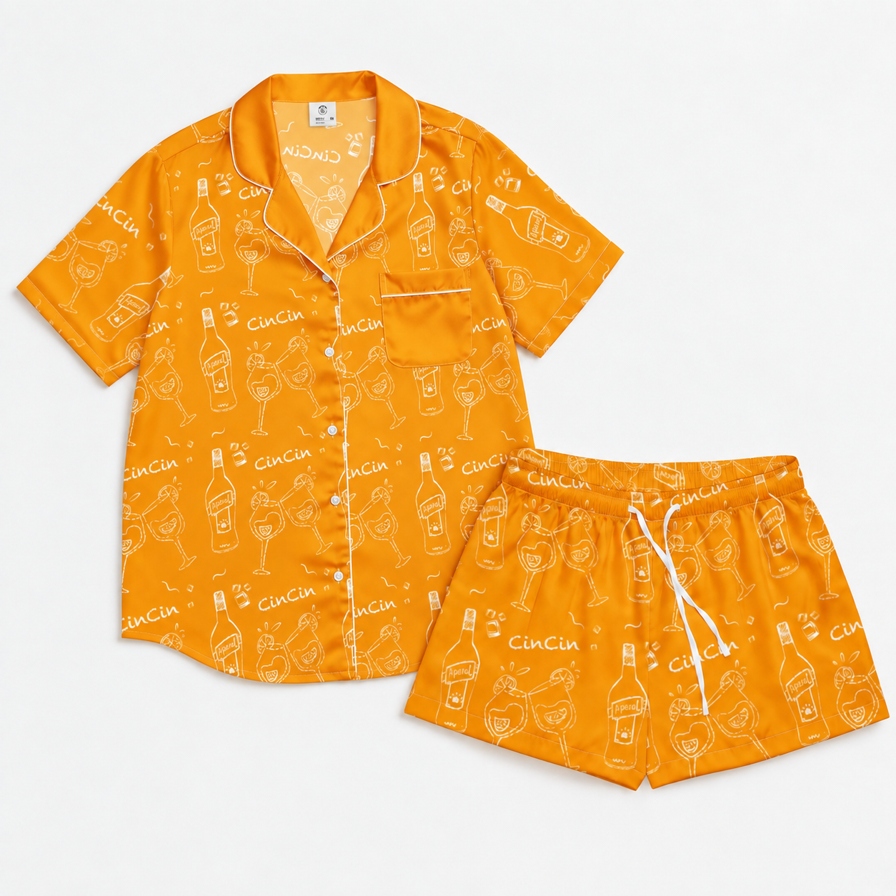 Cin Cin Orange Women's Pajama Set | Button-Up Shirt & Shorts | Cocktail Print Loungewear | Aperitivo Pajamas | Brunch & Girls Trip Gift