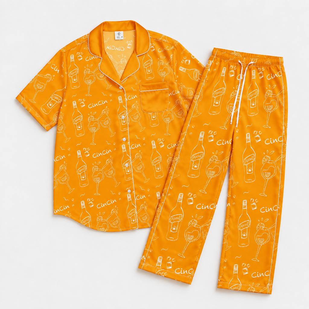 Cin Cin Orange Women's Pajama Set | Button-Up Shirt & Pants | Cocktail Print Loungewear | Aperitivo Pajamas | Brunch & Girls Trip Gift