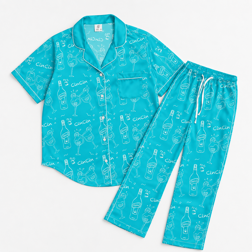 Cin Cin Turquoise Women's Pajama Set | Button-Up Shirt & Pants | Cocktail Print Loungewear | Aperitivo Pajamas | Brunch & Girls Trip Gift