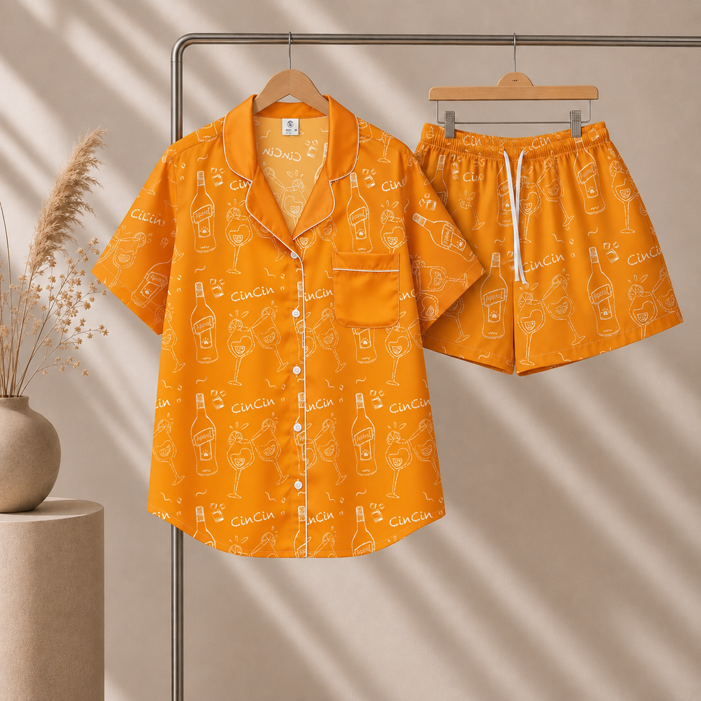 Cin Cin Orange Women's Pajama Set | Button-Up Shirt & Shorts | Cocktail Print Loungewear | Aperitivo Pajamas | Brunch & Girls Trip Gift