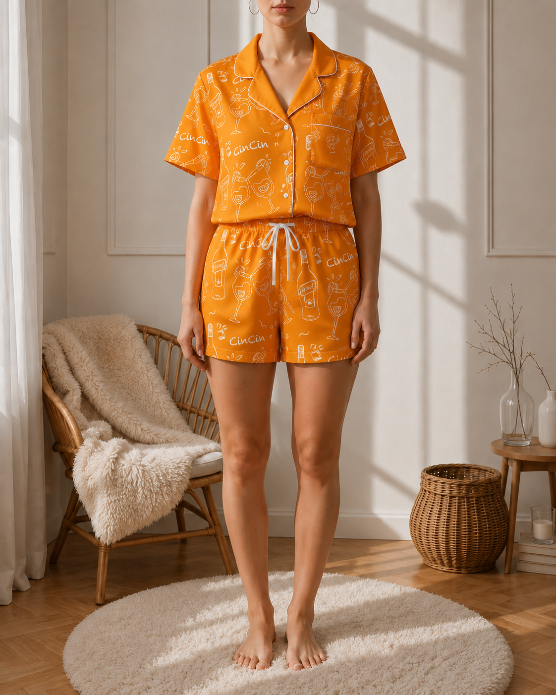Cin Cin Orange Women's Pajama Set | Button-Up Shirt & Shorts | Cocktail Print Loungewear | Aperitivo Pajamas | Brunch & Girls Trip Gift