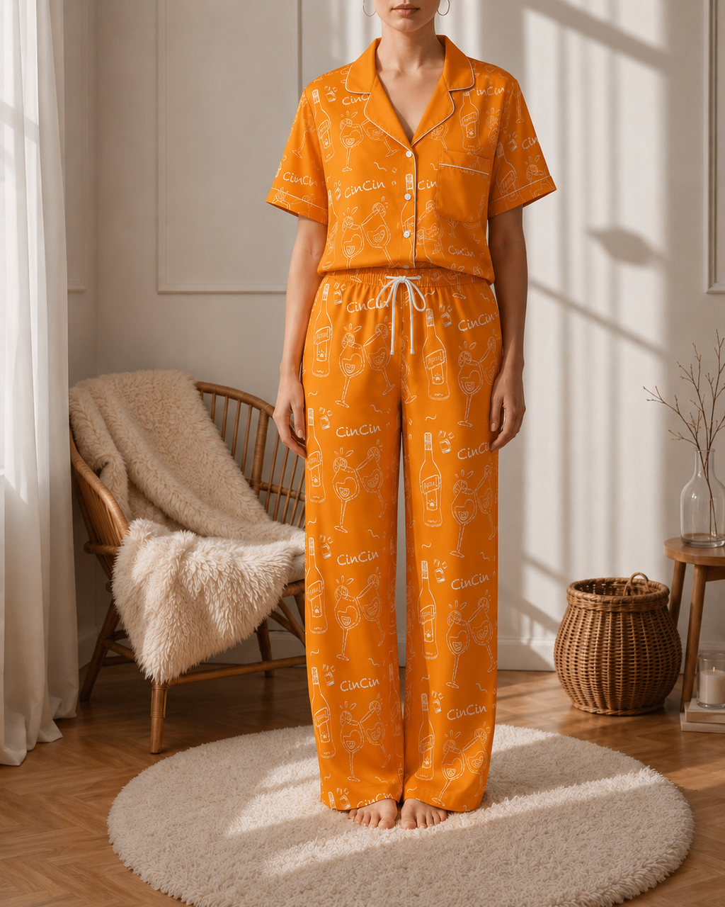 Cin Cin Orange Women's Pajama Set | Button-Up Shirt & Pants | Cocktail Print Loungewear | Aperitivo Pajamas | Brunch & Girls Trip Gift