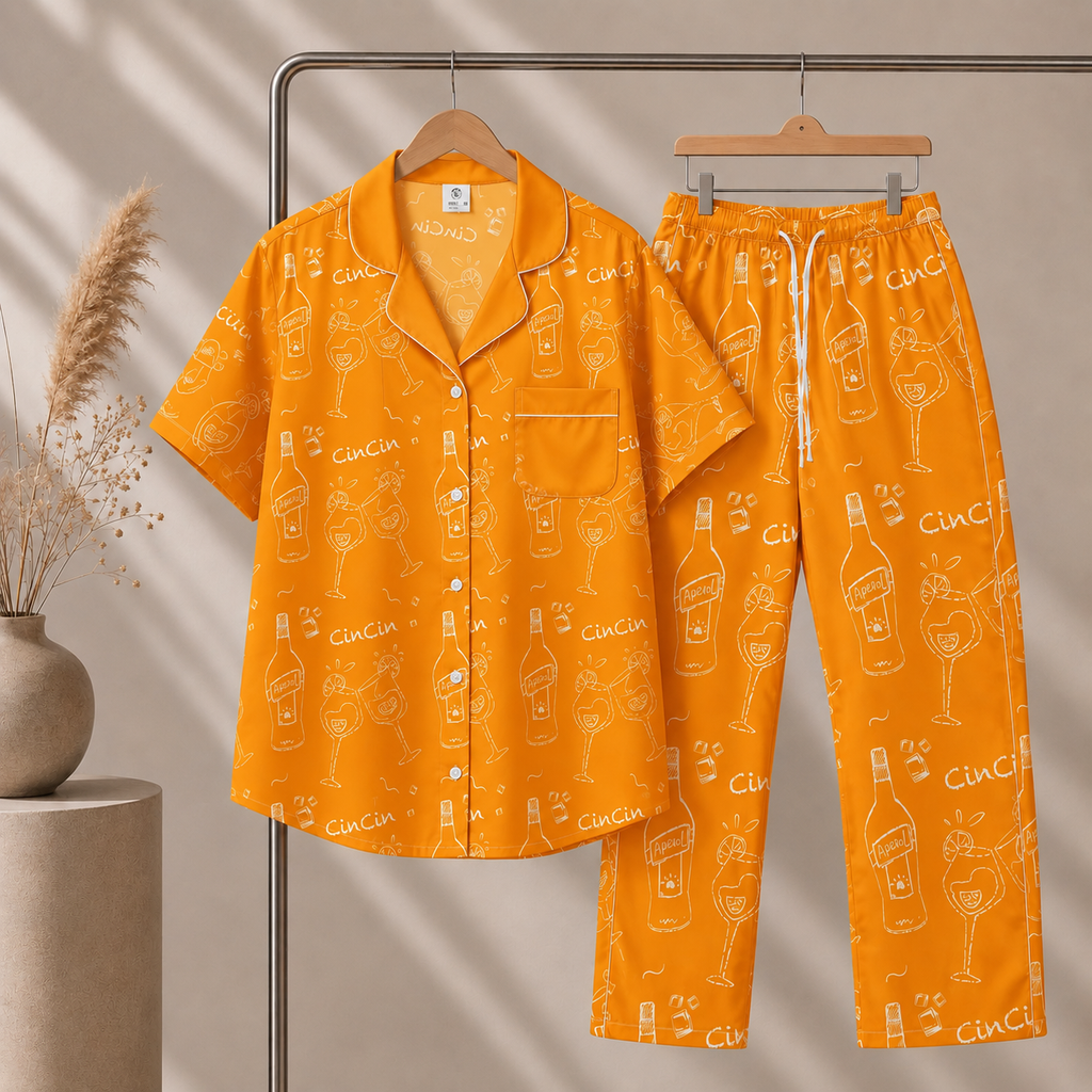 Cin Cin Orange Women's Pajama Set | Button-Up Shirt & Pants | Cocktail Print Loungewear | Aperitivo Pajamas | Brunch & Girls Trip Gift
