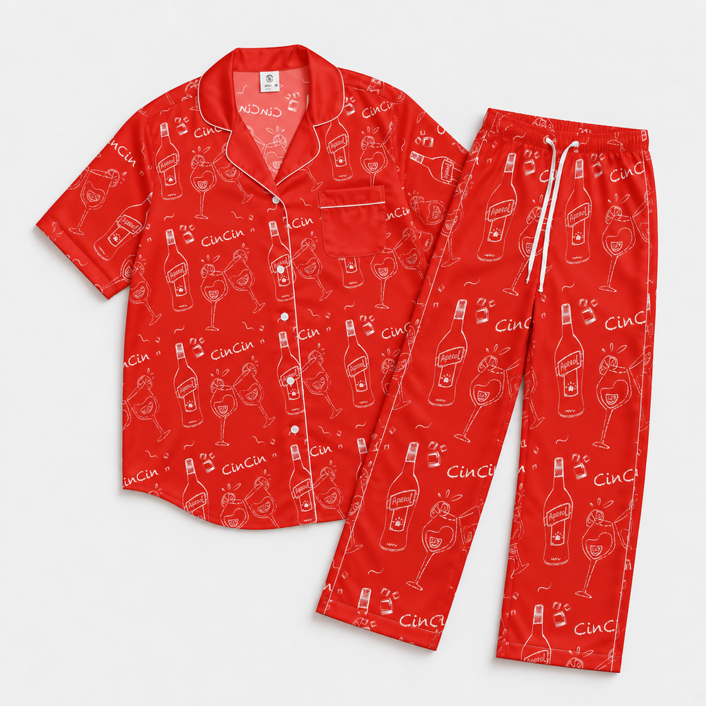 Cin Cin Red Women's Pajama Set | Button-Up Shirt & Pants | Cocktail Print Loungewear | Aperitivo Pajamas | Brunch & Girls Trip Gift