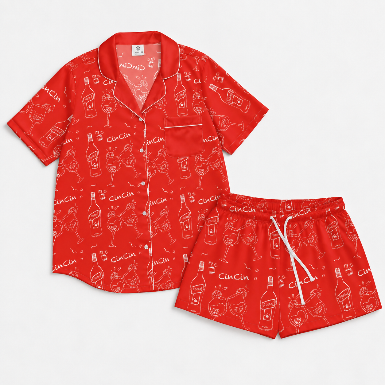 Cin Cin Red Women's Pajama Set | Button-Up Shirt & Shorts | Cocktail Print Loungewear | Aperitivo Pajamas | Brunch & Girls Trip Gift