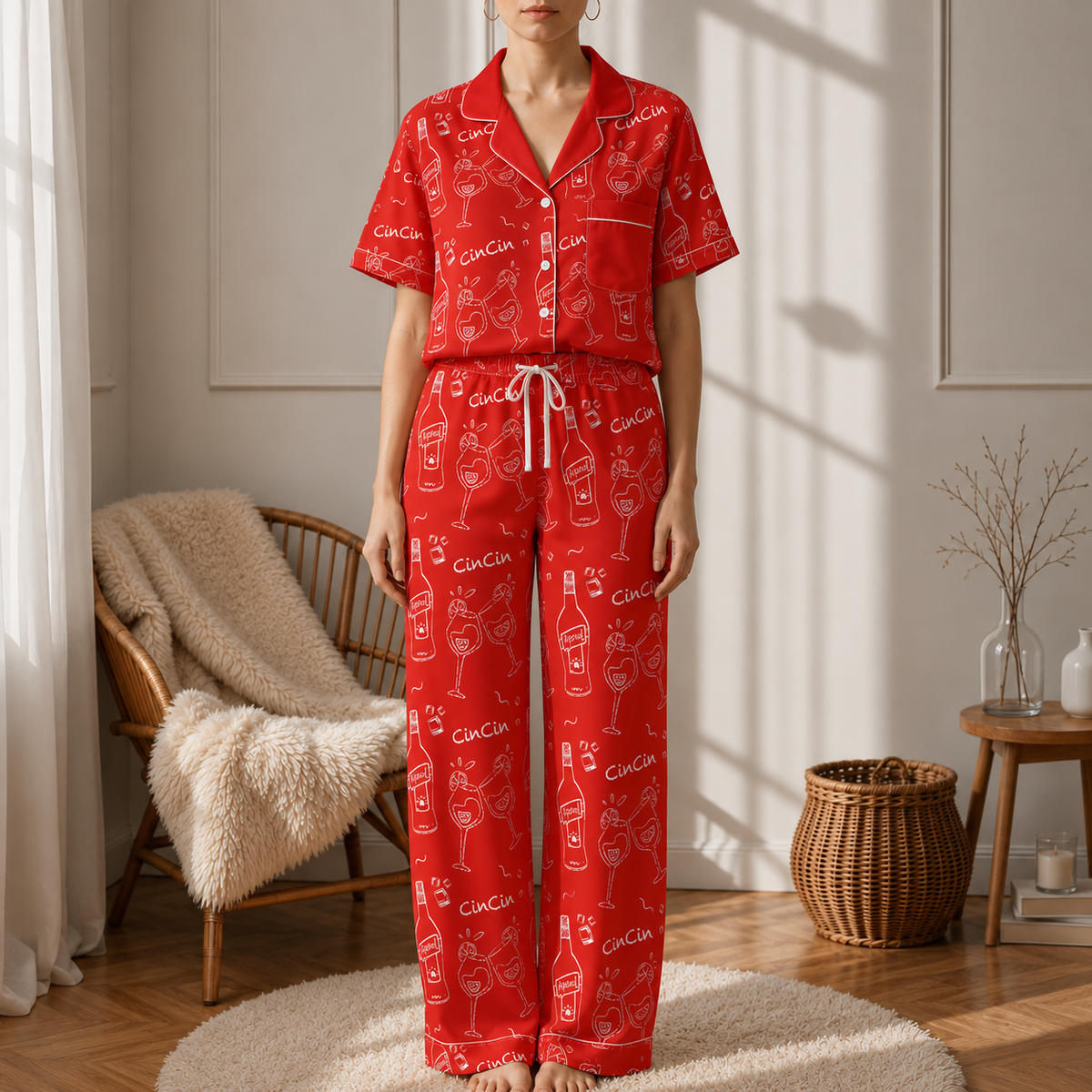 Cin Cin Red Women's Pajama Set | Button-Up Shirt & Pants | Cocktail Print Loungewear | Aperitivo Pajamas | Brunch & Girls Trip Gift