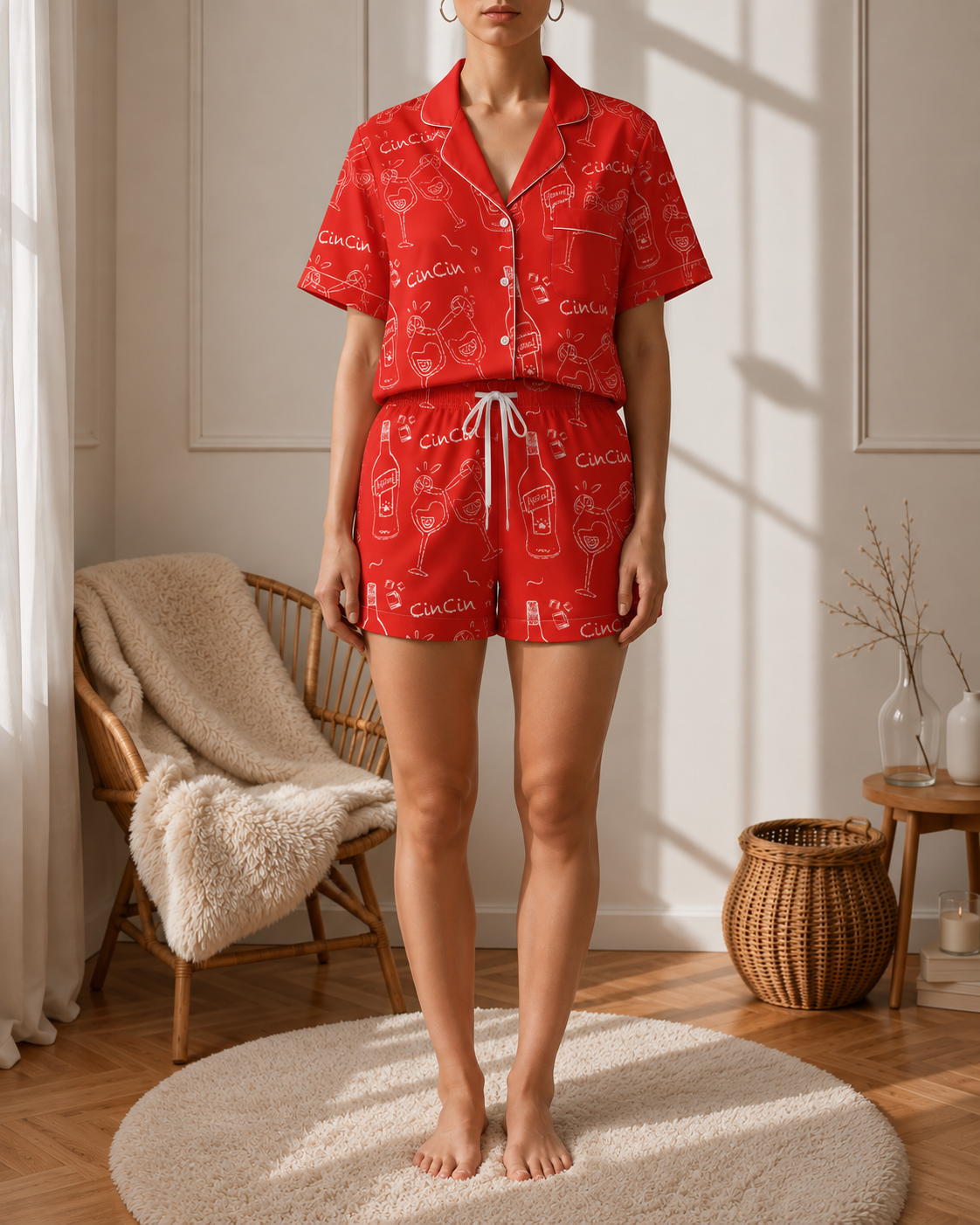 Cin Cin Red Women's Pajama Set | Button-Up Shirt & Shorts | Cocktail Print Loungewear | Aperitivo Pajamas | Brunch & Girls Trip Gift