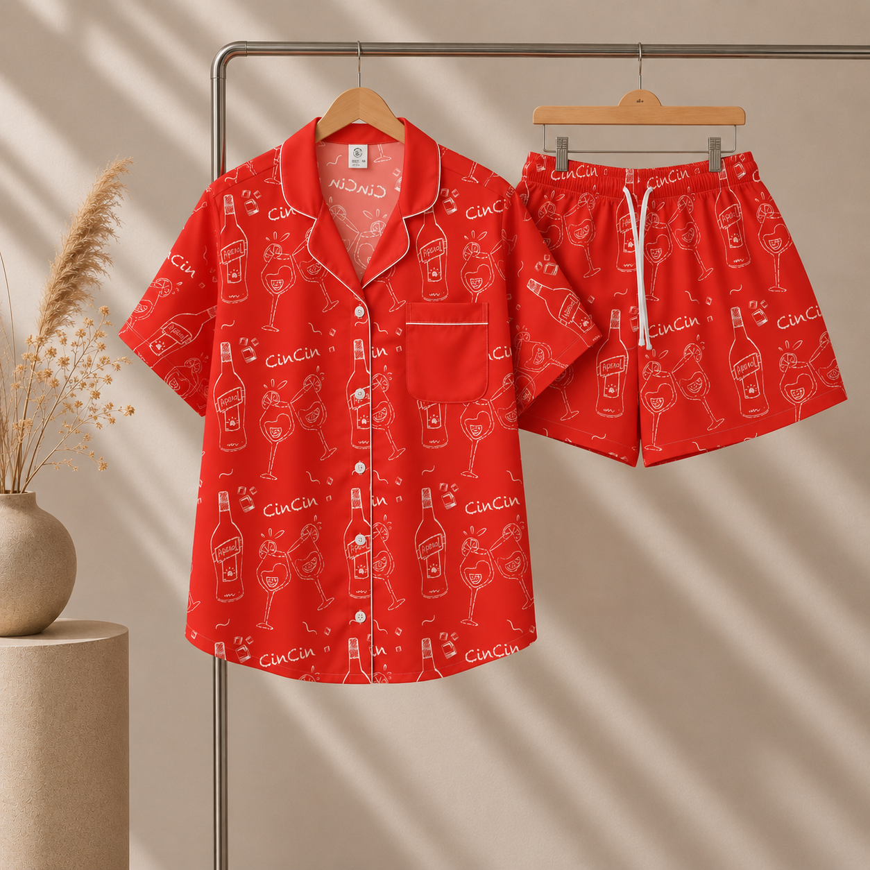 Cin Cin Red Women's Pajama Set | Button-Up Shirt & Shorts | Cocktail Print Loungewear | Aperitivo Pajamas | Brunch & Girls Trip Gift