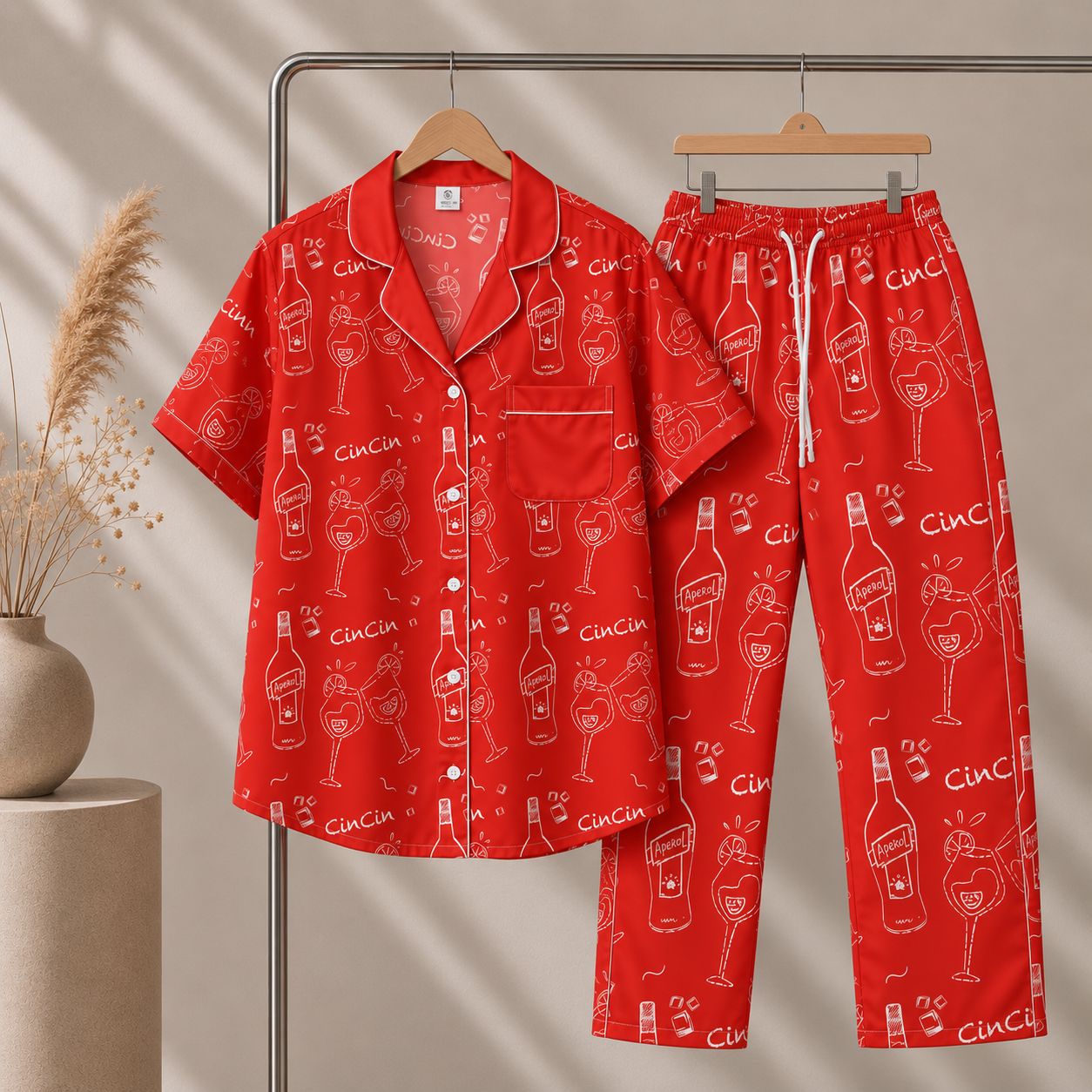 Cin Cin Red Women's Pajama Set | Button-Up Shirt & Pants | Cocktail Print Loungewear | Aperitivo Pajamas | Brunch & Girls Trip Gift