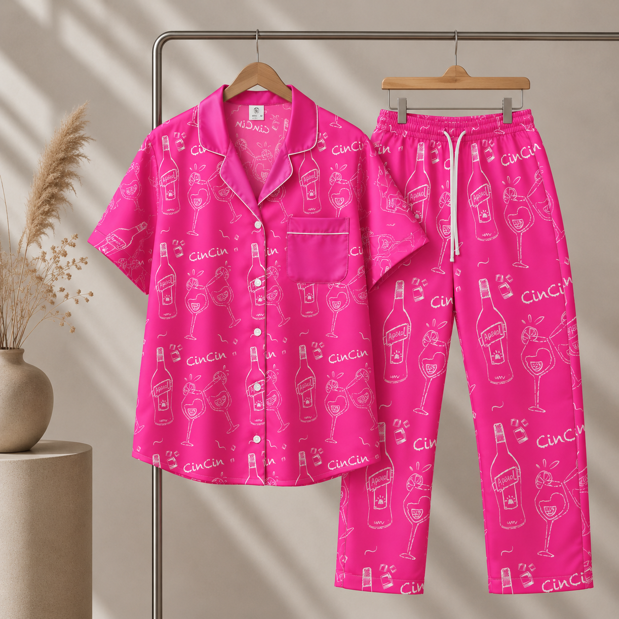 Cin Cin Pink Women's Pajama Set | Button-Up Shirt & Pants | Cocktail Print Loungewear | Aperitivo Pajamas | Brunch & Girls Trip Gift