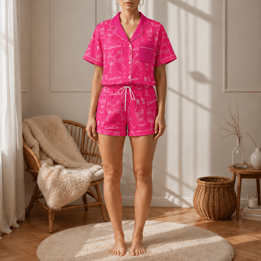 Cin Cin Pink Women's Pajama Set | Button-Up Shirt & Shorts | Cocktail Print Loungewear | Aperitivo Pajamas | Brunch & Girls Trip Gift