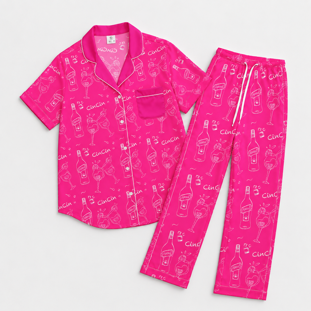 Cin Cin Pink Women's Pajama Set | Button-Up Shirt & Pants | Cocktail Print Loungewear | Aperitivo Pajamas | Brunch & Girls Trip Gift