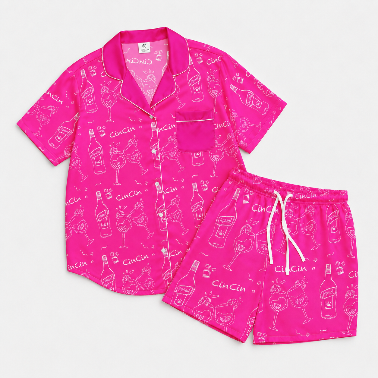Cin Cin Pink Women's Pajama Set | Button-Up Shirt & Shorts | Cocktail Print Loungewear | Aperitivo Pajamas | Brunch & Girls Trip Gift