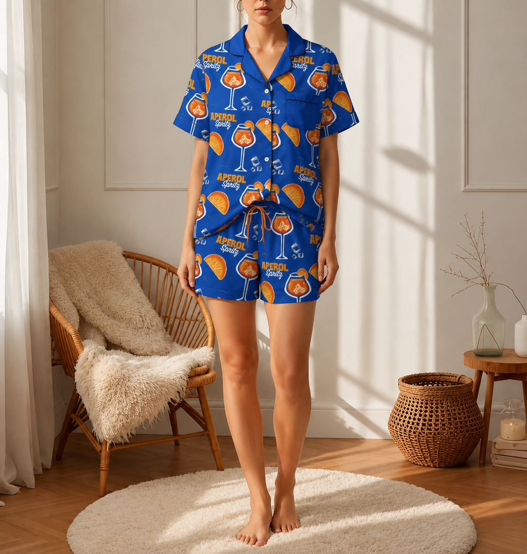 Aperol Spritz Inspired Blue Women's Satin Pajama Set | Button-Up Shirt & Shorts | Cocktail Print Loungewear Set | Brunch Gift