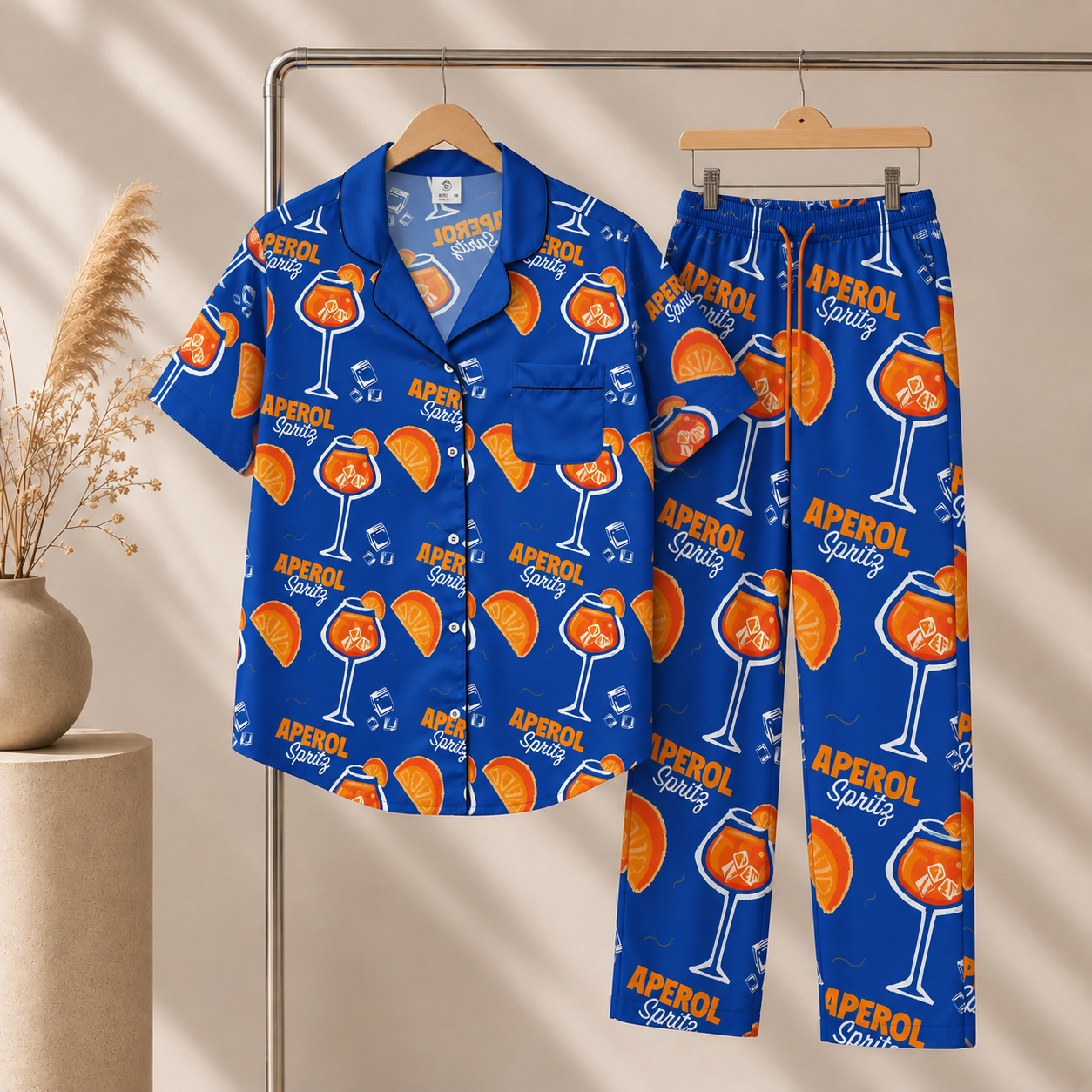 Aperol Spritz Inspired Blue Women's Satin Pajama Set | Button-Up Shirt & Pants | Cocktail Print Loungewear Set | Brunch Gift