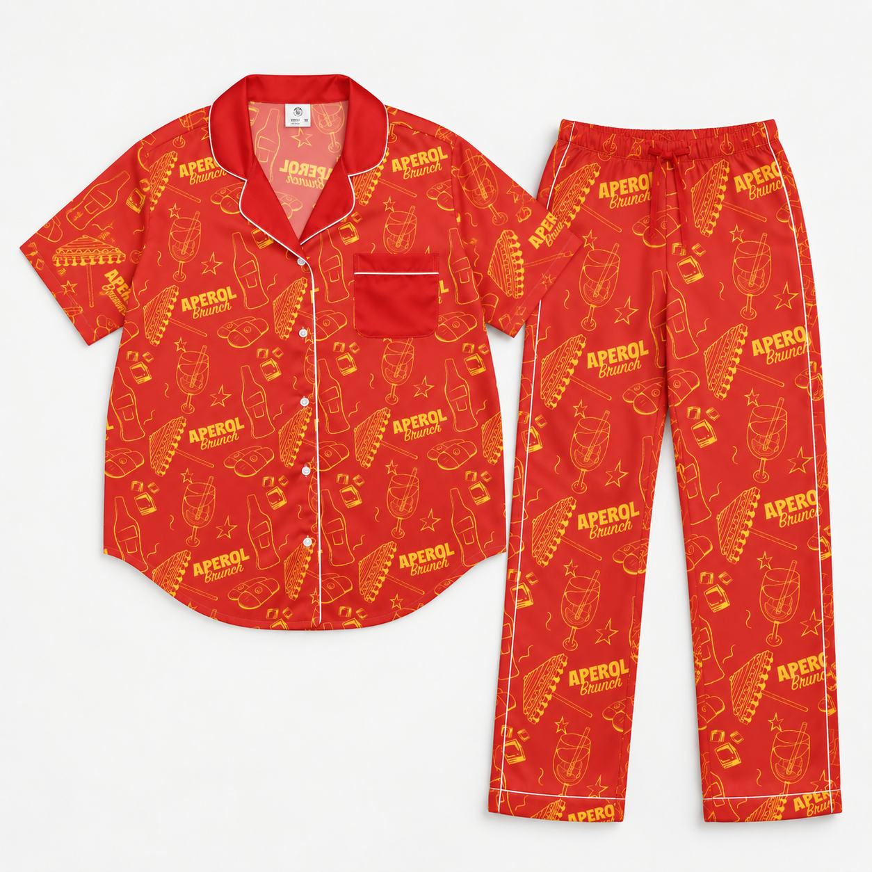 Brunch Spritz Red Women's Satin Pajama Set | Button-Up Shirt & Pants | Citrus Cocktail Print Loungewear | Brunch Lover Gift