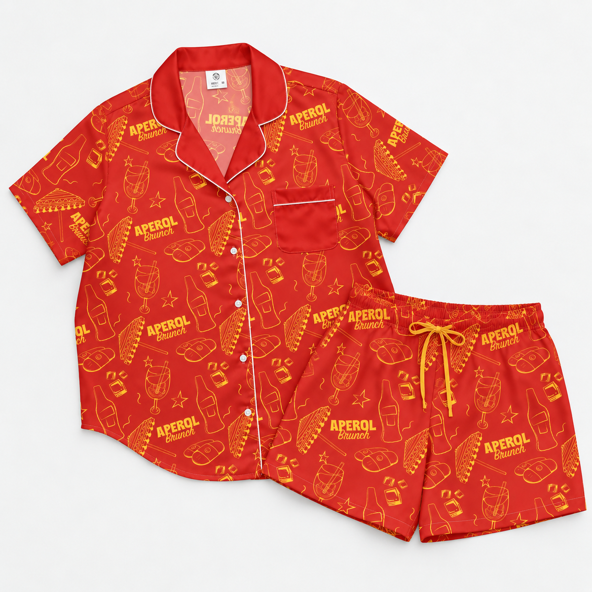 Brunch Spritz Red Women's Satin Pajama Set | Button-Up Shirt & Shorts | Citrus Cocktail Print Loungewear | Brunch Lover Gift