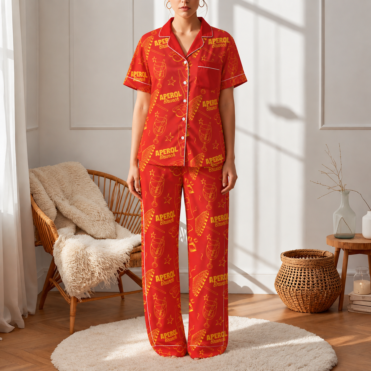 Brunch Spritz Red Women's Satin Pajama Set | Button-Up Shirt & Pants | Citrus Cocktail Print Loungewear | Brunch Lover Gift