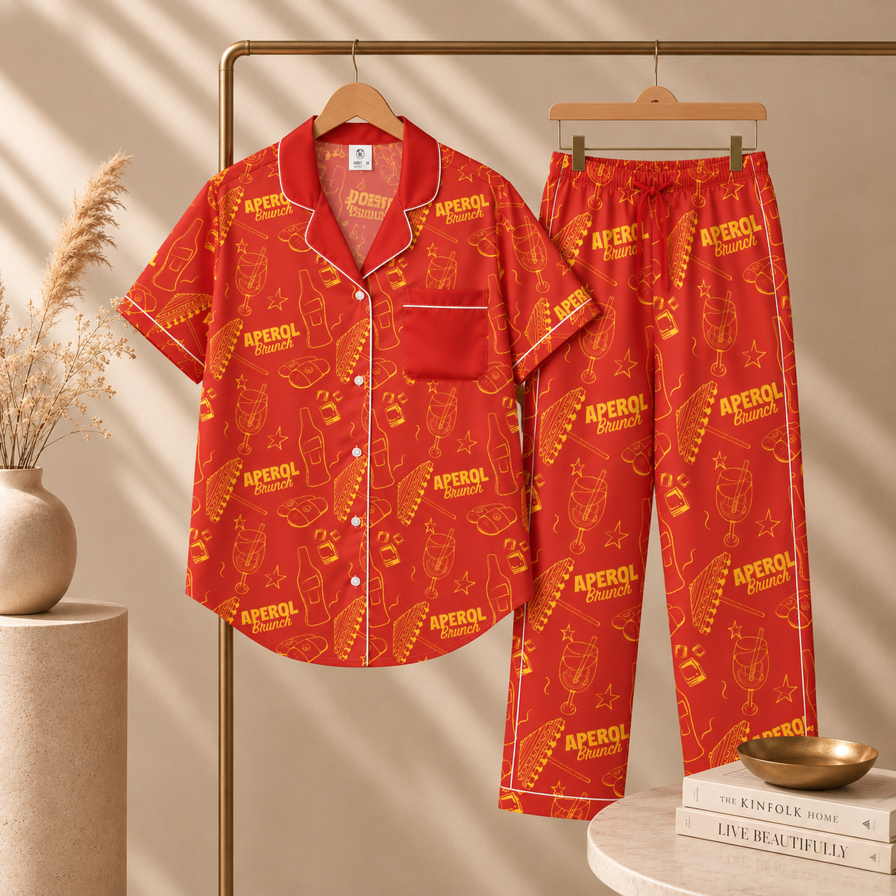 Brunch Spritz Red Women's Satin Pajama Set | Button-Up Shirt & Pants | Citrus Cocktail Print Loungewear | Brunch Lover Gift
