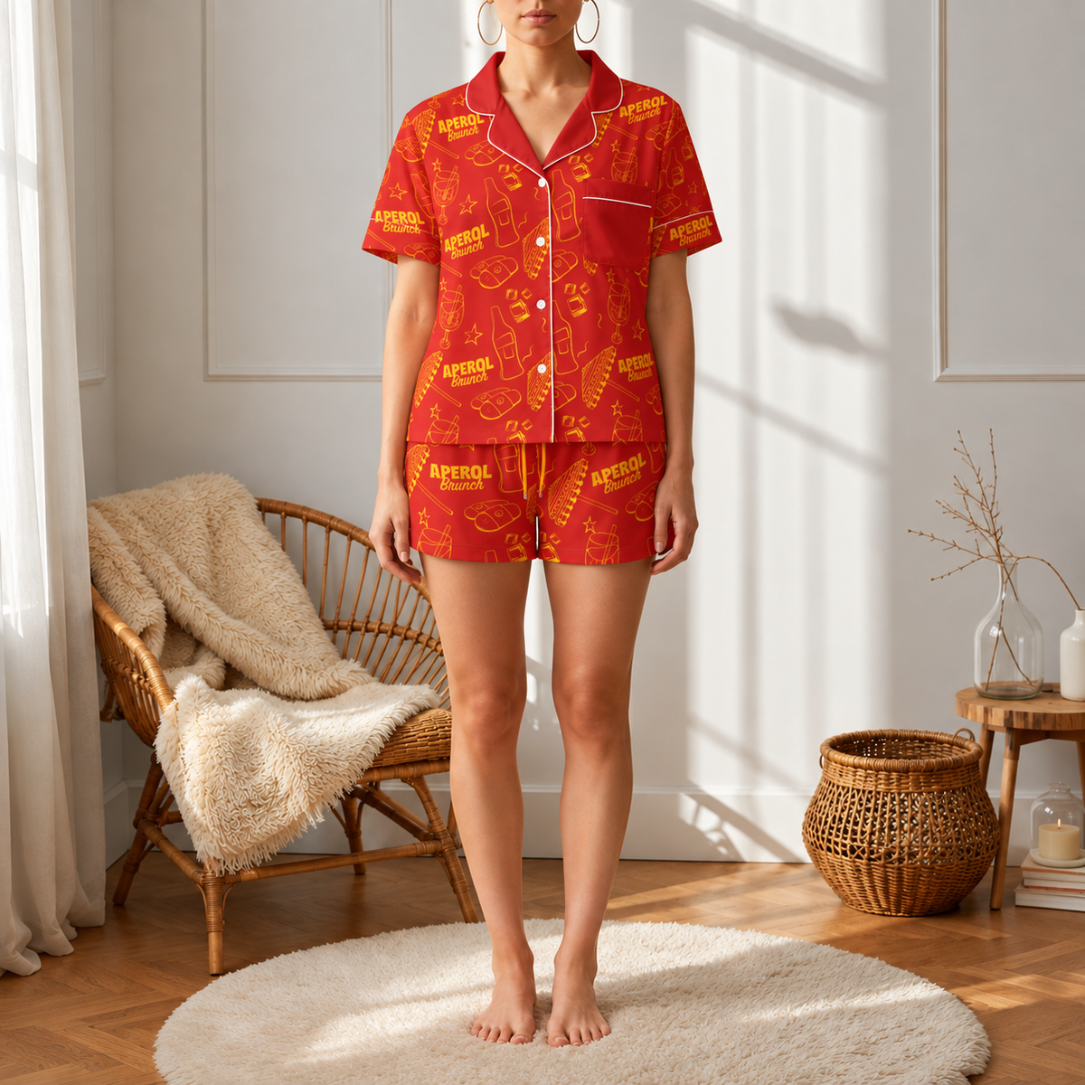 Brunch Spritz Red Women's Satin Pajama Set | Button-Up Shirt & Shorts | Citrus Cocktail Print Loungewear | Brunch Lover Gift