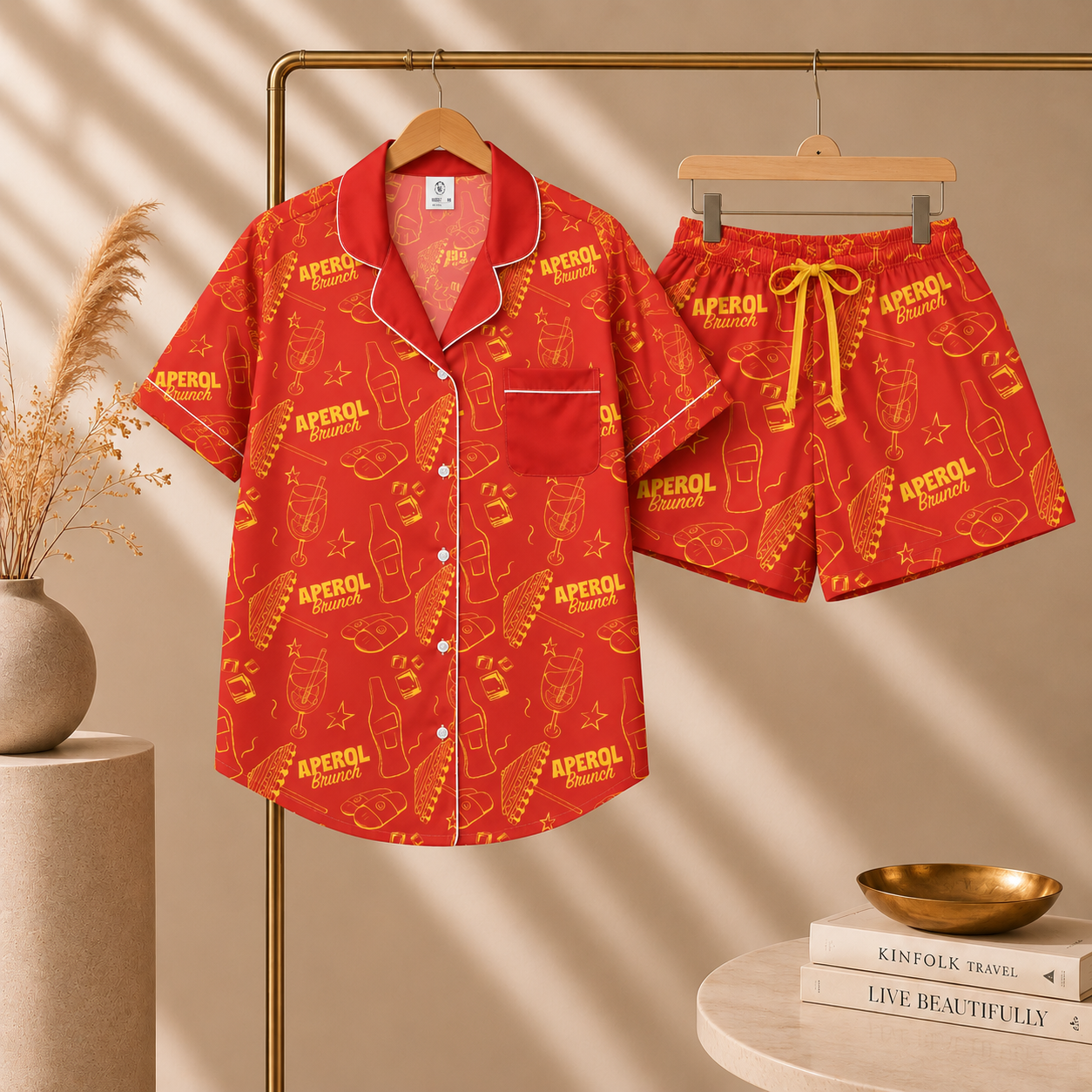 Brunch Spritz Red Women's Satin Pajama Set | Button-Up Shirt & Shorts | Citrus Cocktail Print Loungewear | Brunch Lover Gift