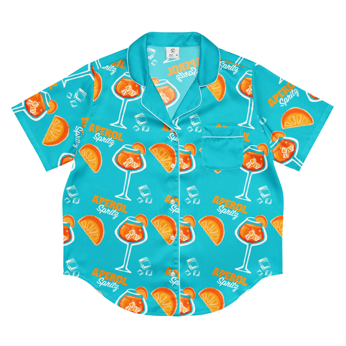 Aperol Spritz Inspired Turquoise Women's Satin Pajama Set | Button-Up Shirt & Shorts | Cocktail Print Loungewear | Brunch Gift