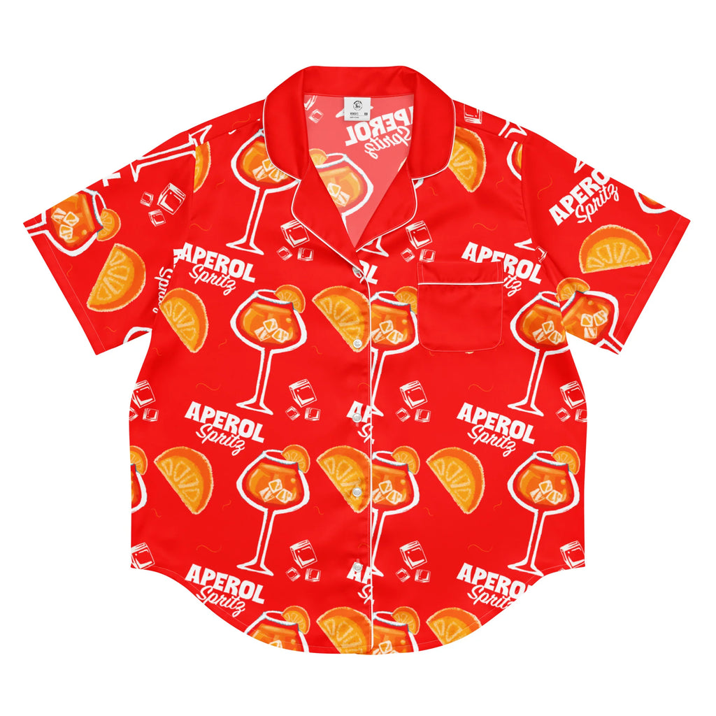 Aperol Spritz Inspired Red Women's Satin Pajama Set | Button-Up Shirt & Shorts | Cocktail Print Loungewear | Brunch Gift