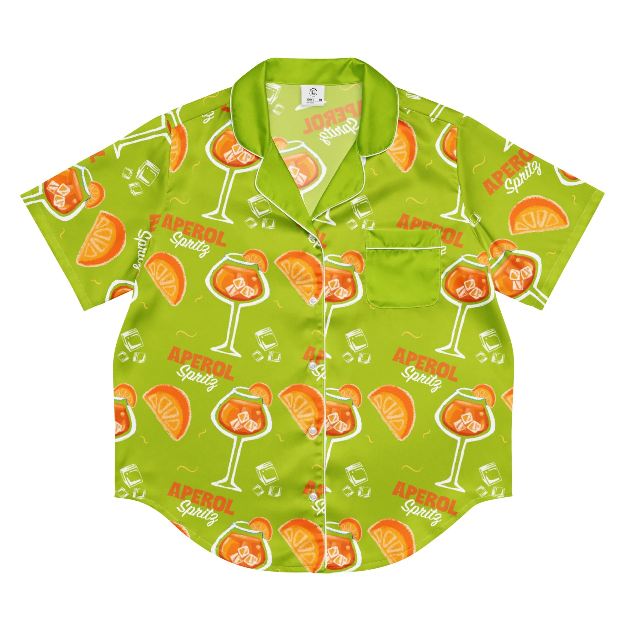 Aperol Spritz Inspired Lime Green Women's Satin Pajama Set | Button-Up Shirt & Shorts | Cocktail Print Loungewear | Brunch Gift