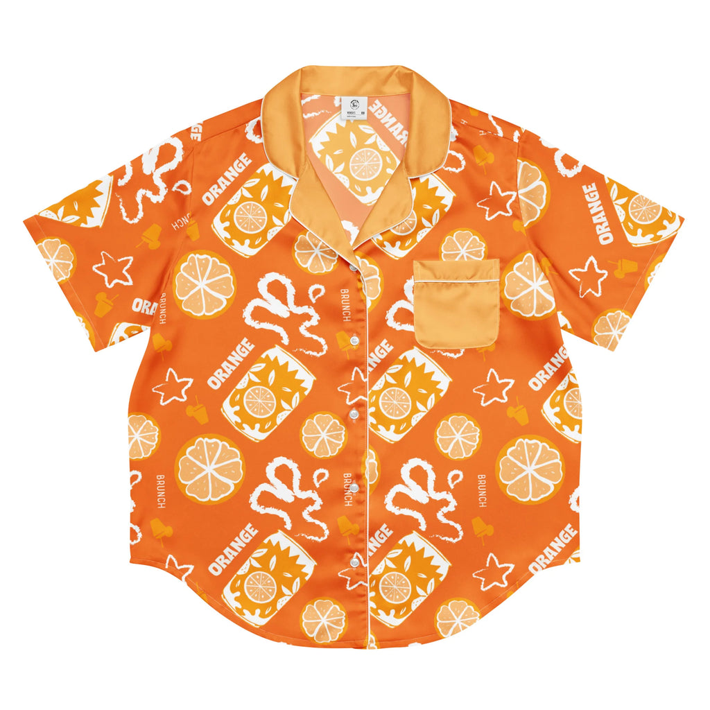 Orange Brunch Women's Pajama Set | Button-Up Shirt & Pants | Citrus Fruit Print Loungewear | Girls Trip & Brunch Gift