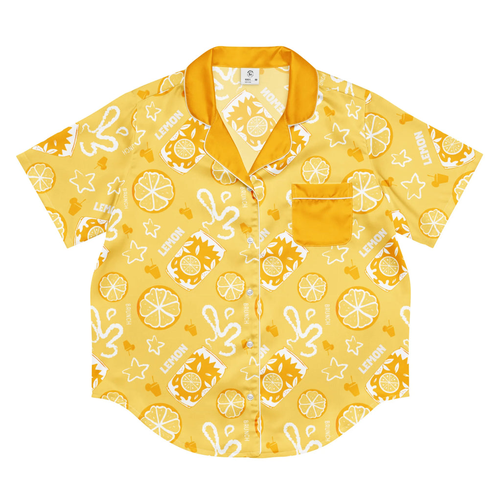 Yellow Lemon Brunch Women's Pajama Set | Button-Up Shirt & Pants | Citrus Fruit Print Loungewear | Girls Trip & Brunch Gift
