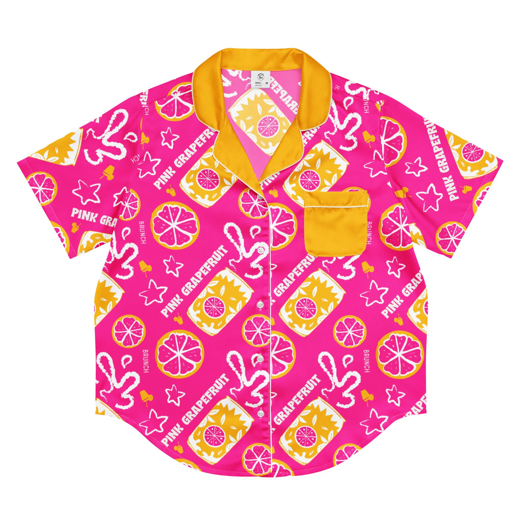 Pink Grapefruit Brunch Women's Pajama Set | Button-Up Shirt & Shorts | Citrus Fruit Print Loungewear | Girls Trip & Brunch Gift
