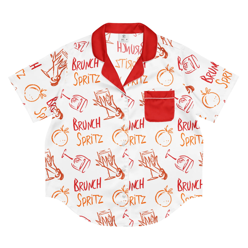 Brunch Spritz White Women's Satin Pajama Set | Button-Up Shirt & Shorts | Citrus Cocktail Print Loungewear | Brunch Lover Gift