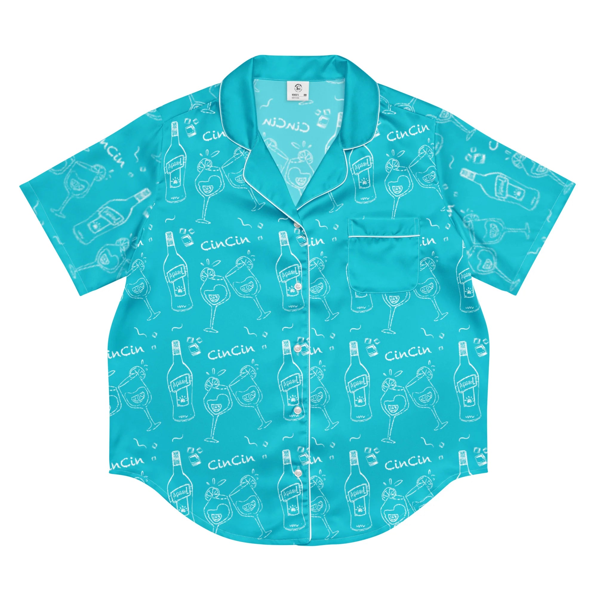 Cin Cin Turquoise Women's Pajama Set | Button-Up Shirt & Pants | Cocktail Print Loungewear | Aperitivo Pajamas | Brunch & Girls Trip Gift