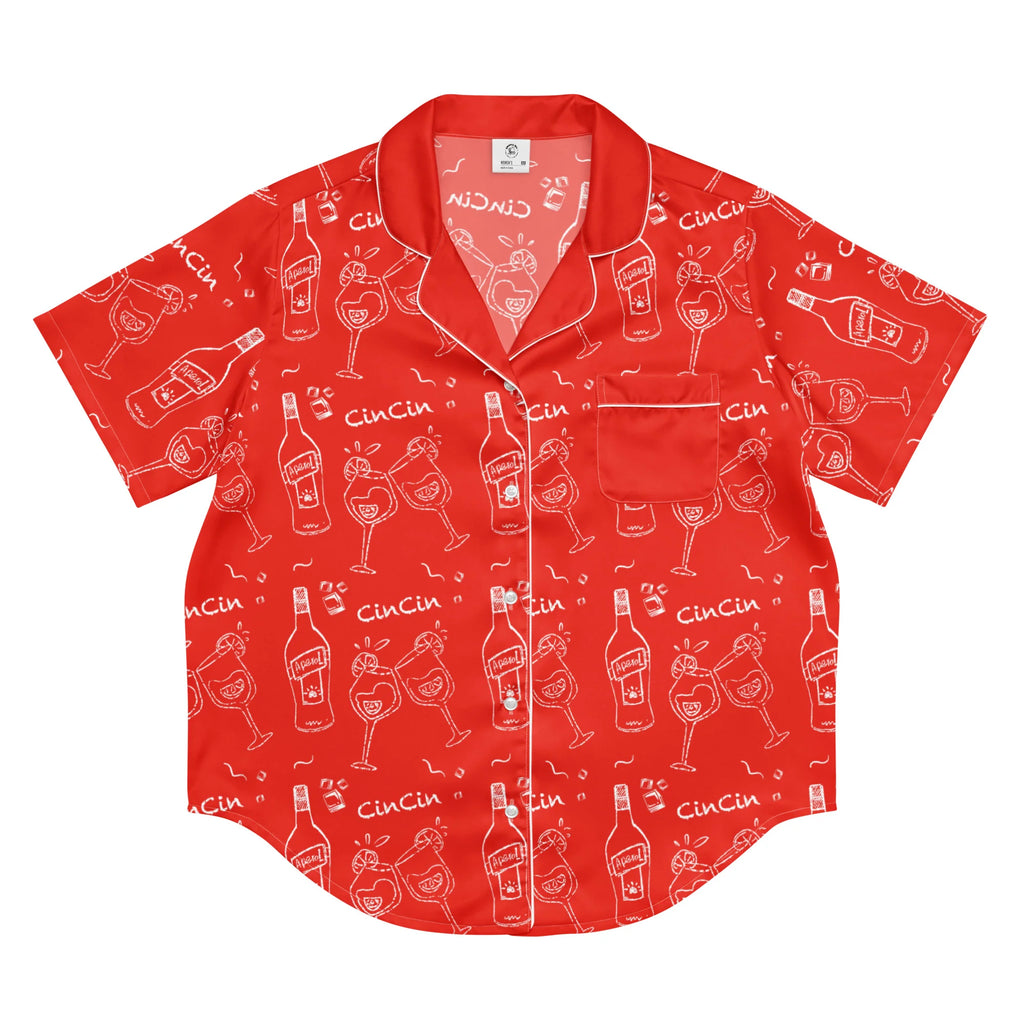 Cin Cin Red Women's Pajama Set | Button-Up Shirt & Shorts | Cocktail Print Loungewear | Aperitivo Pajamas | Brunch & Girls Trip Gift
