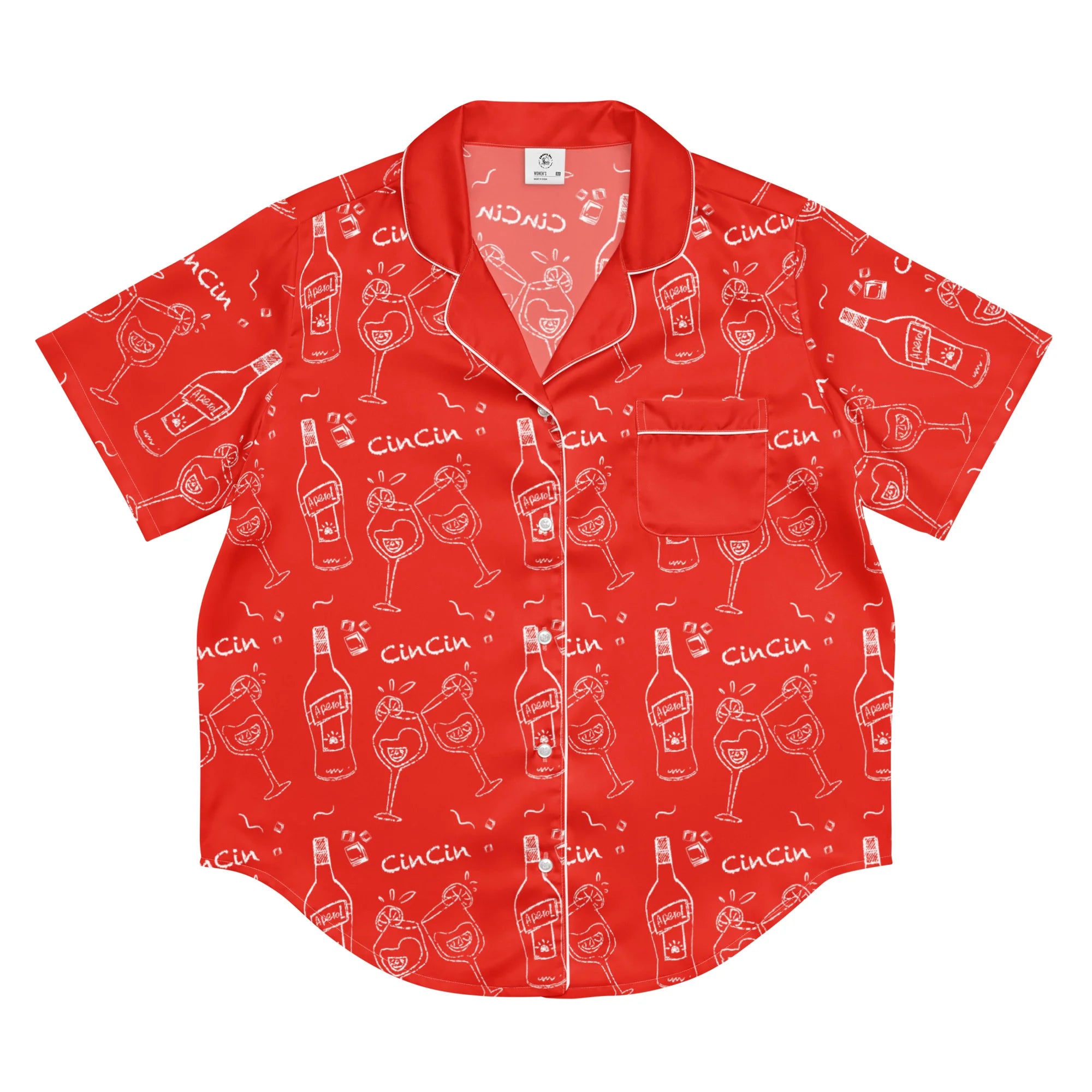 Cin Cin Red Women's Pajama Set | Button-Up Shirt & Pants | Cocktail Print Loungewear | Aperitivo Pajamas | Brunch & Girls Trip Gift